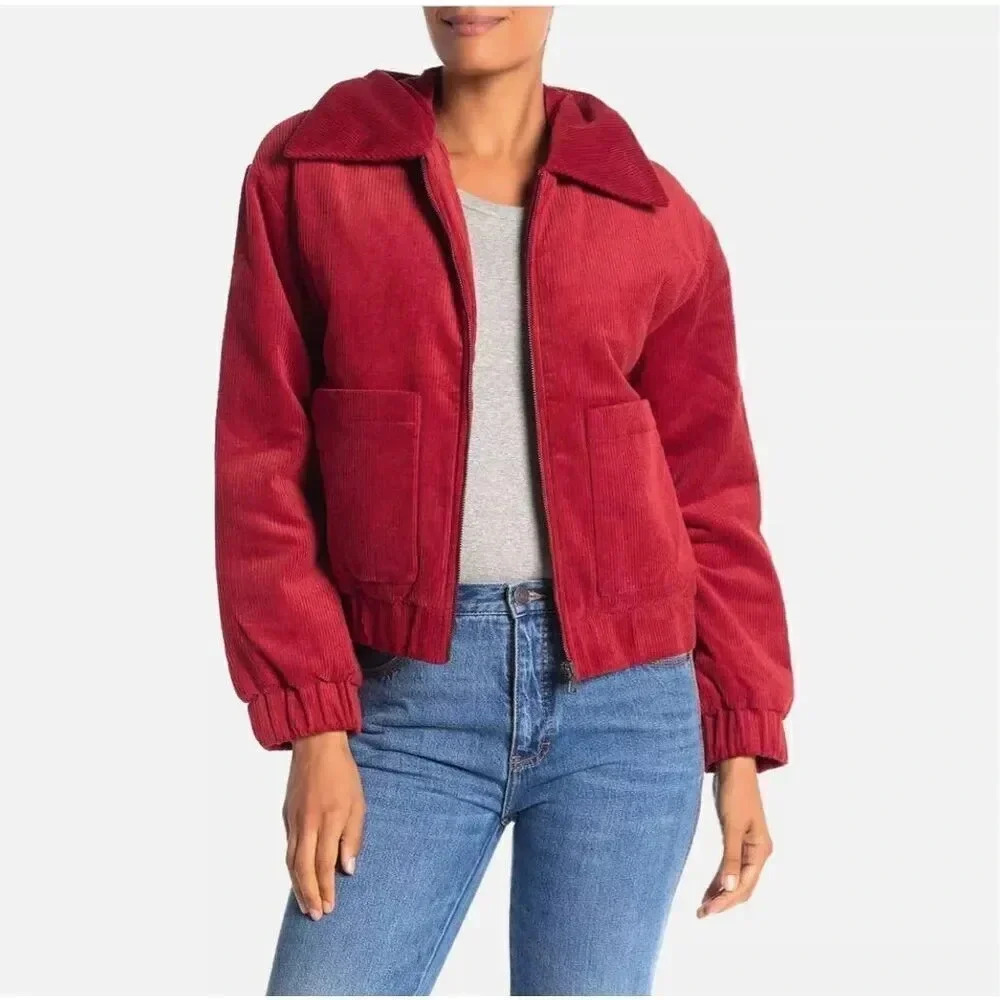 ELODIE x NORDSTROM | Corduroy Insulated Zipper lightweight Jacket‎ Red | Small